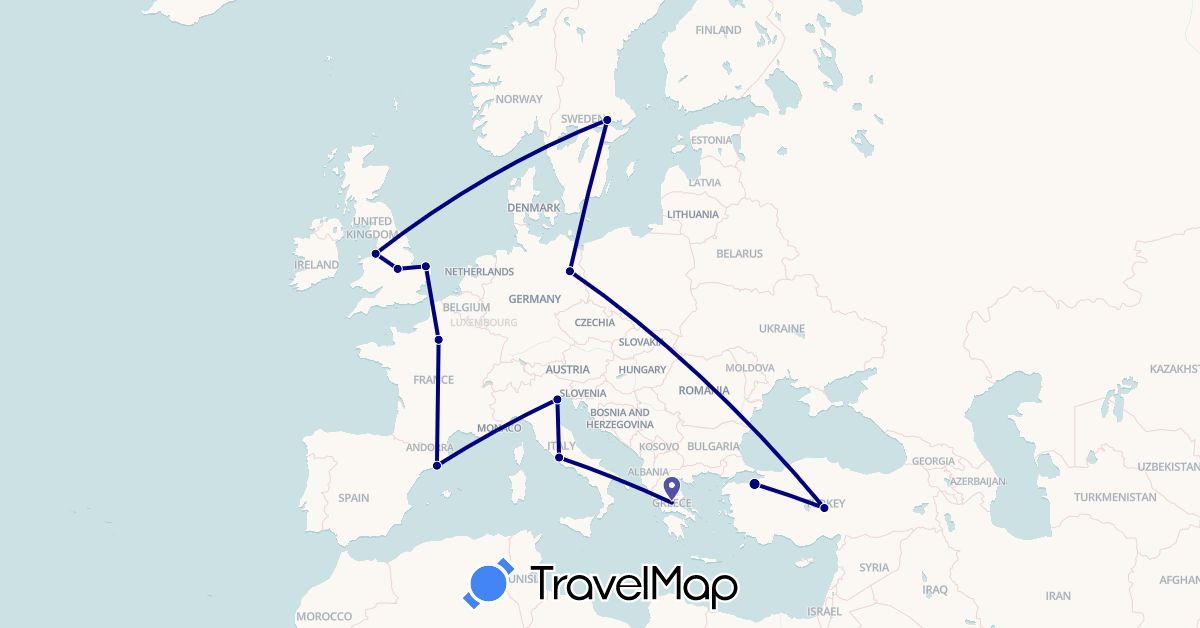TravelMap itinerary: driving in Germany, Spain, France, United Kingdom, Greece, Italy, Sweden, Turkey (Asia, Europe)